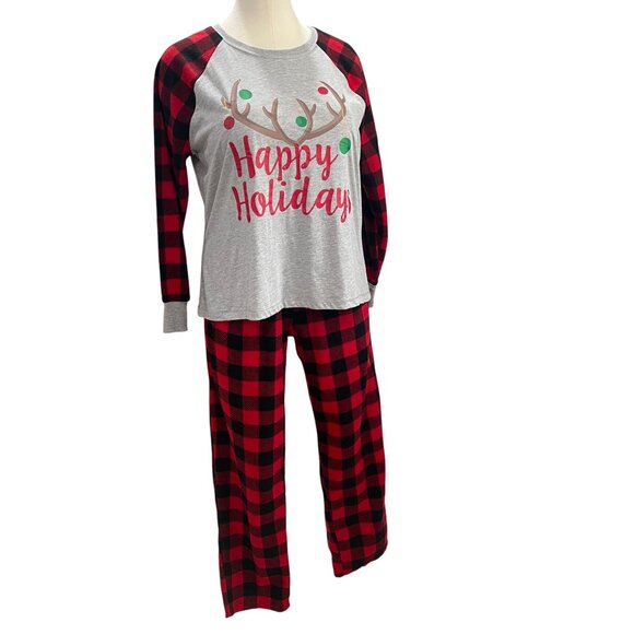 Happy Holidays Pajama Set 1X Buffalo Plaid Christmas Lounge Cozy Soft Winter - Picture 7 of 10